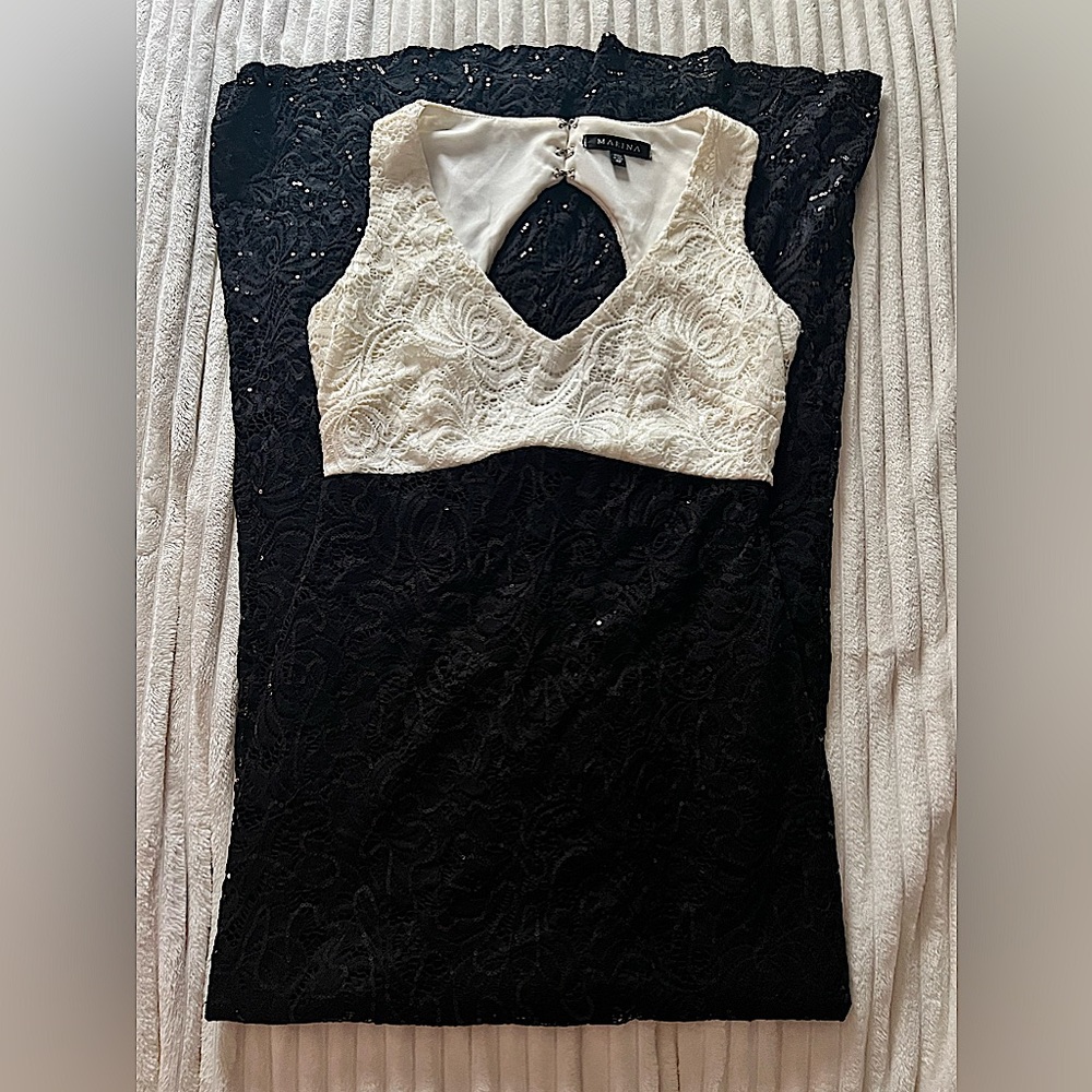Marina Black & White Sequin Evening Gown